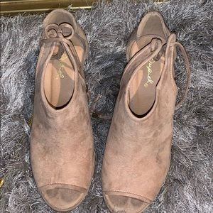 Nude open toe bootie heels